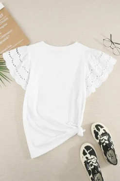 Fashion Dear-Lover Hollow Out Ruffle Sleeve T-shirt White