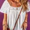 Best Dear-Lover Hollowed Lace Patchwork Square Neck Short Sleeve Blouse White