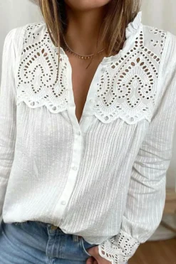 Clearance Dear-Lover Hollowed Lace Patchwork Frilled Neck Long Sleeve Shirt White