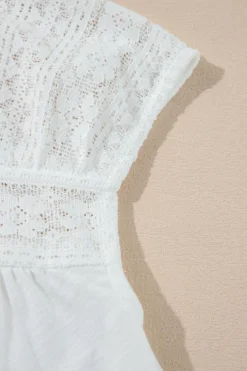 Best Dear-Lover Hollowed Lace Patchwork Square Neck Short Sleeve Blouse White