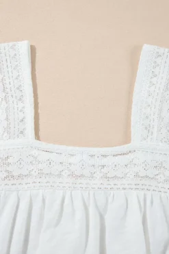 Best Dear-Lover Hollowed Lace Patchwork Square Neck Short Sleeve Blouse White