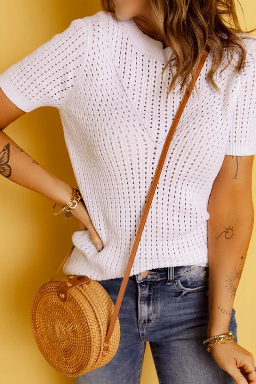 Discount Dear-Lover Hollow-out Knitted Short Sleeve T Shirt White