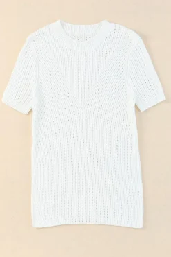 Discount Dear-Lover Hollow-out Knitted Short Sleeve T Shirt White