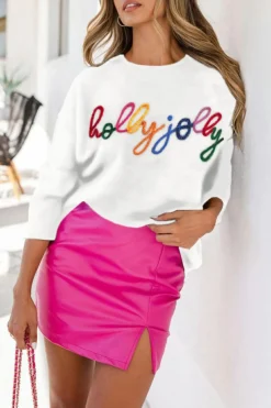 Sale Dear-Lover Holly Jolly Round Neck Casual Sweater White