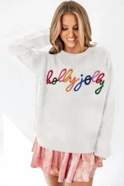 Sale Dear-Lover Holly Jolly Round Neck Casual Sweater White