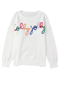 Sale Dear-Lover Holly Jolly Round Neck Casual Sweater White