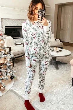Hot Dear-Lover Holly Print Thermal Pullover Pants Lounge Set White
