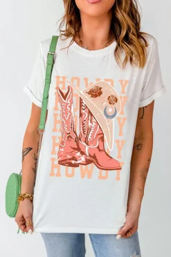Sale Dear-Lover HOWDY Cowboy Boots Graphic Crew Neck T Shirt White