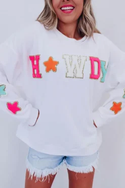 Fashion Dear-Lover Howdy Glitter Chenille Patch Graphic Casual Sweatshirt White