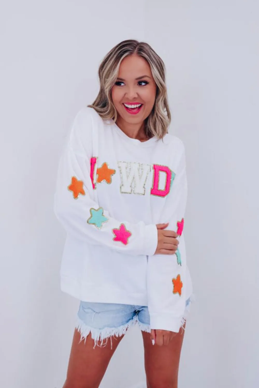 Fashion Dear-Lover Howdy Glitter Chenille Patch Graphic Casual Sweatshirt White