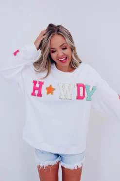 Fashion Dear-Lover Howdy Glitter Chenille Patch Graphic Casual Sweatshirt White