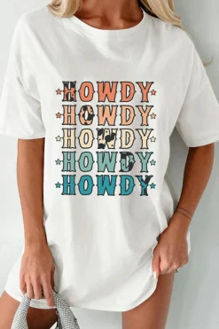 Clearance Dear-Lover HOWDY Stars Print Crew Neck Loose Fit T Shirt White