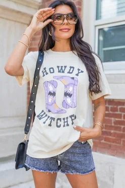 Discount Dear-Lover HOWDY WITCHES Halloween Boots Crewneck T Shirt White