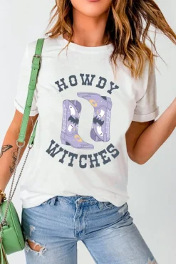 Discount Dear-Lover HOWDY WITCHES Halloween Boots Crewneck T Shirt White