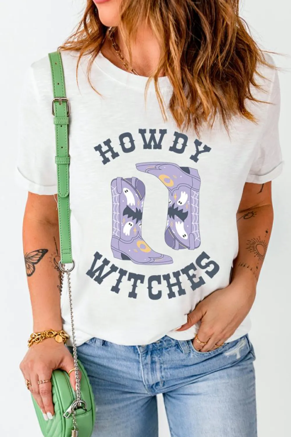 Discount Dear-Lover HOWDY WITCHES Halloween Boots Crewneck T Shirt White