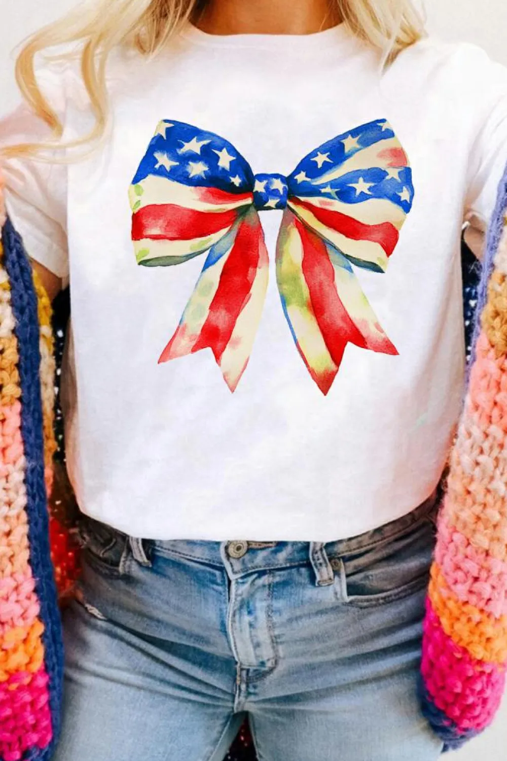 Online Dear-Lover Independence Day Splash Bow Pattern T Shirt White