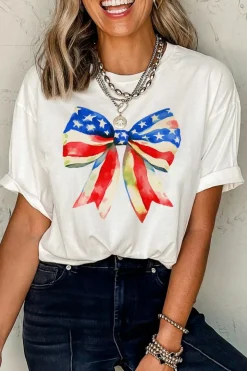 Online Dear-Lover Independence Day Splash Bow Pattern T Shirt White