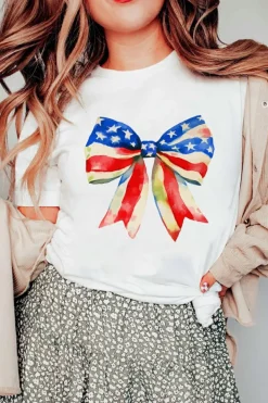 Online Dear-Lover Independence Day Splash Bow Pattern T Shirt White
