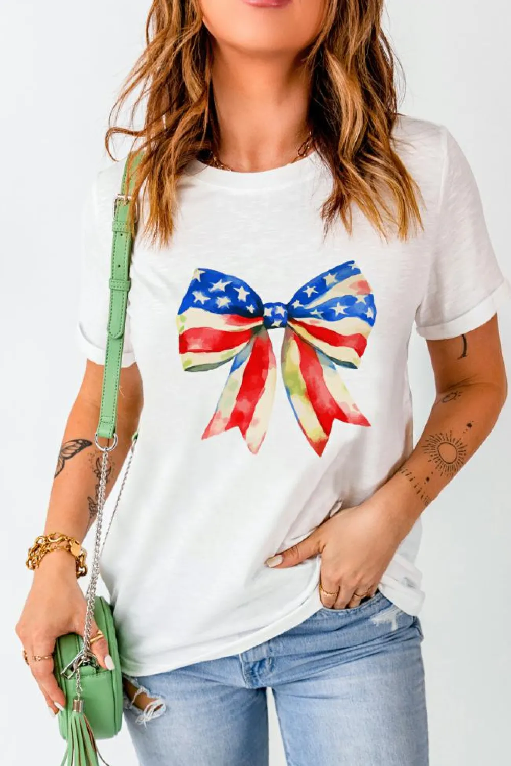 Online Dear-Lover Independence Day Splash Bow Pattern T Shirt White