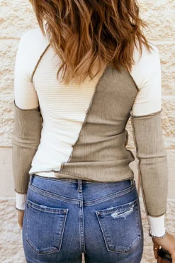 Online Dear-Lover Irregular Color Block Seaming Trim Rib Knit Top White