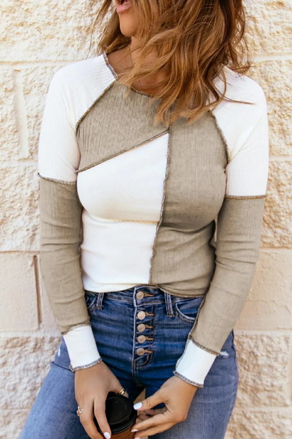 Online Dear-Lover Irregular Color Block Seaming Trim Rib Knit Top White