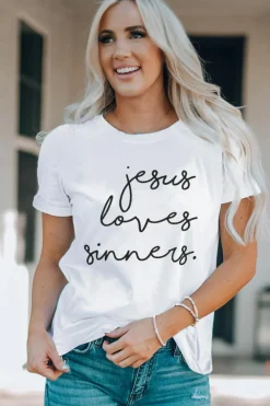 Sale Dear-Lover Jesus Loves Sinners Funny Belief T Shirt White