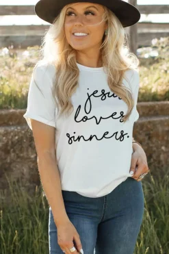 Sale Dear-Lover Jesus Loves Sinners Funny Belief T Shirt White