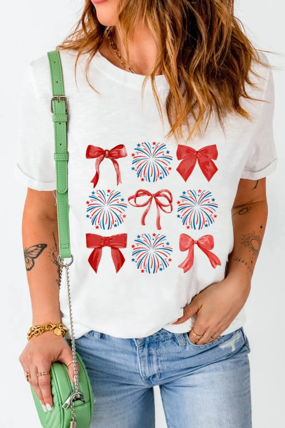 Fashion Dear-Lover July 4th Celerbration Bowknot Firework Graphic Tee White