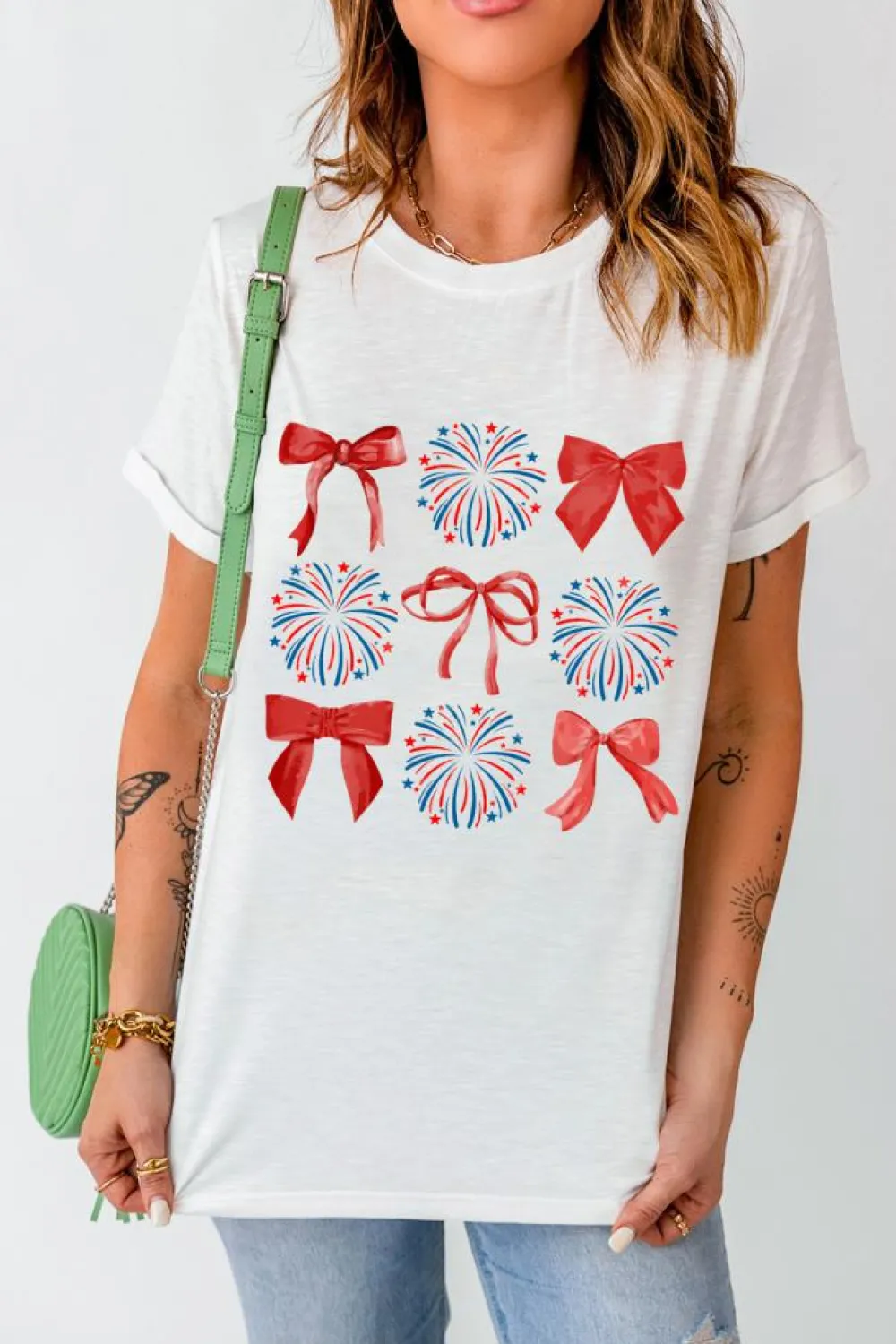 Fashion Dear-Lover July 4th Celerbration Bowknot Firework Graphic Tee White