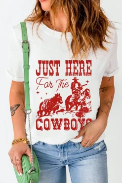 Discount Dear-Lover JUST HERE For THE COWBOY Cuffed Sleeve Crew Neck T Shirt White