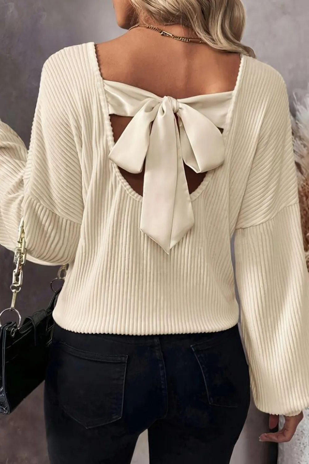 Best Dear-Lover Knot Back Drop Shoulder Ribbed Long Sleeve Blouse White