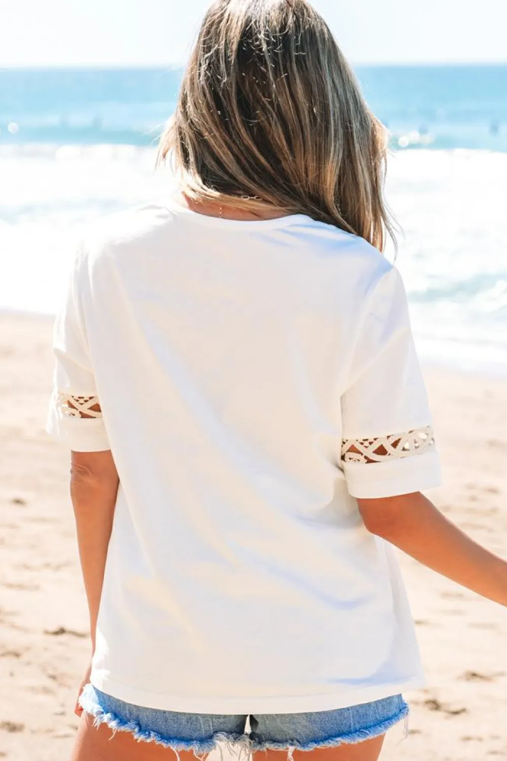 Outlet Dear-Lover Lace Crochet Crew Neck Casual T Shirt White