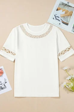 Outlet Dear-Lover Lace Crochet Crew Neck Casual T Shirt White