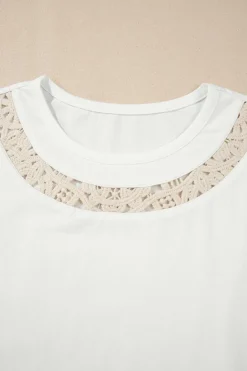 Outlet Dear-Lover Lace Crochet Crew Neck Casual T Shirt White