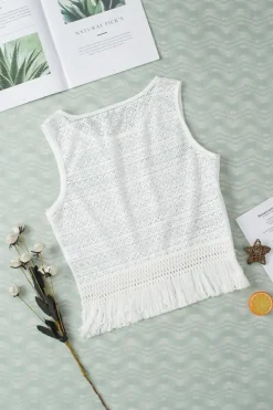 Fashion Dear-Lover Lace Crochet Hollow out Fringed Tank Top White