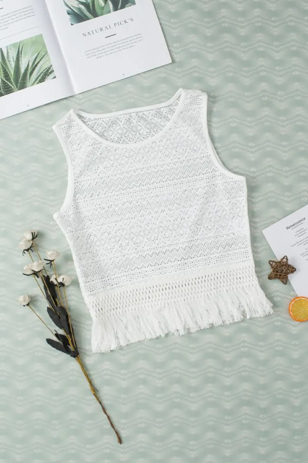 Fashion Dear-Lover Lace Crochet Hollow out Fringed Tank Top White