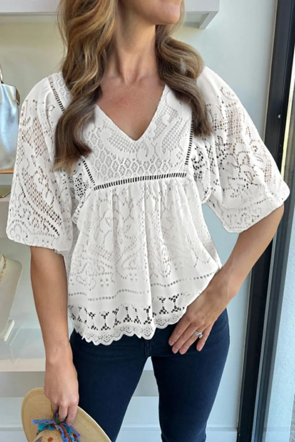 Discount Dear-Lover Lace Crochet Hollowed Scallop Hem V Neck Blouse White