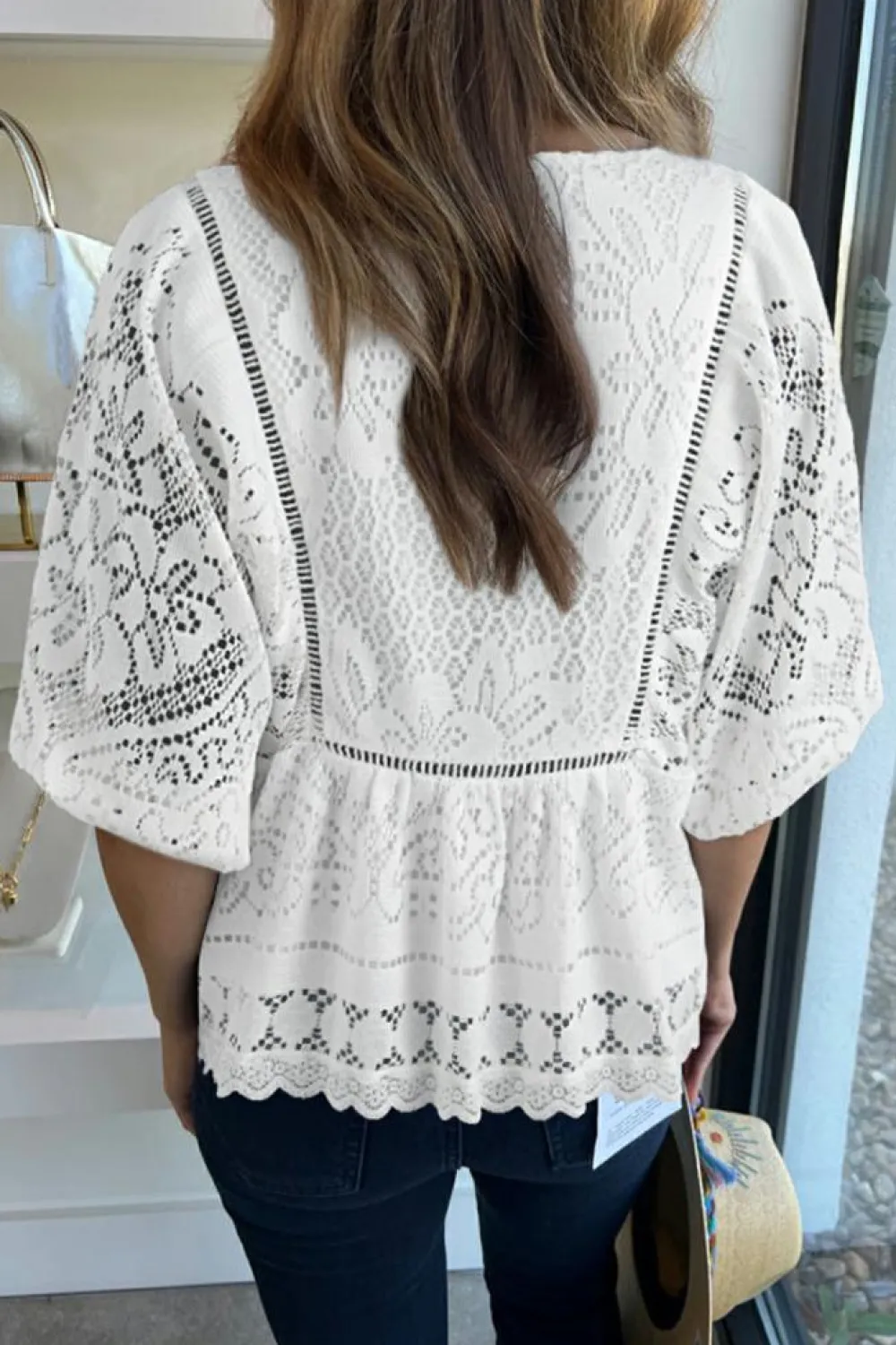 Discount Dear-Lover Lace Crochet Hollowed Scallop Hem V Neck Blouse White