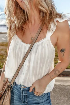 Outlet Dear-Lover Lace Crochet Ruffled Buttoned Loose Fit Tank Top White