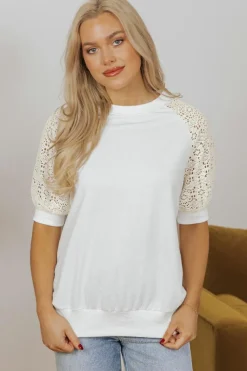 Sale Dear-Lover Lace Crochet Short Sleeve Round Neck T Shirt White