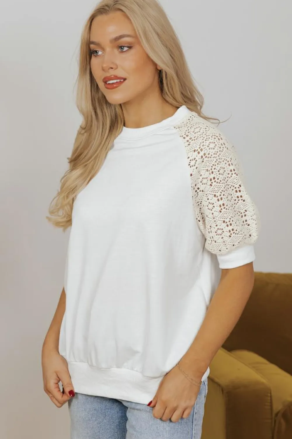 Sale Dear-Lover Lace Crochet Short Sleeve Round Neck T Shirt White