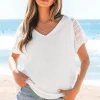 Discount Dear-Lover Lace Crochet Textured Button Back V Neck T Shirt White