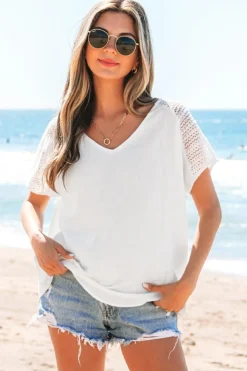 Discount Dear-Lover Lace Crochet Textured Button Back V Neck T Shirt White