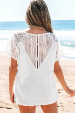Discount Dear-Lover Lace Crochet Textured Button Back V Neck T Shirt White
