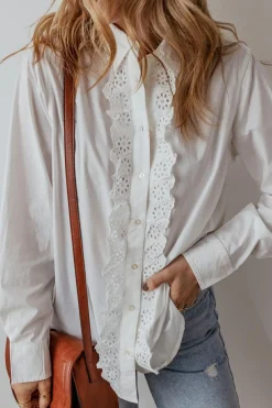 Outlet Dear-Lover Lace Crochet Trim Turn Down Collar Buttoned Shirt White