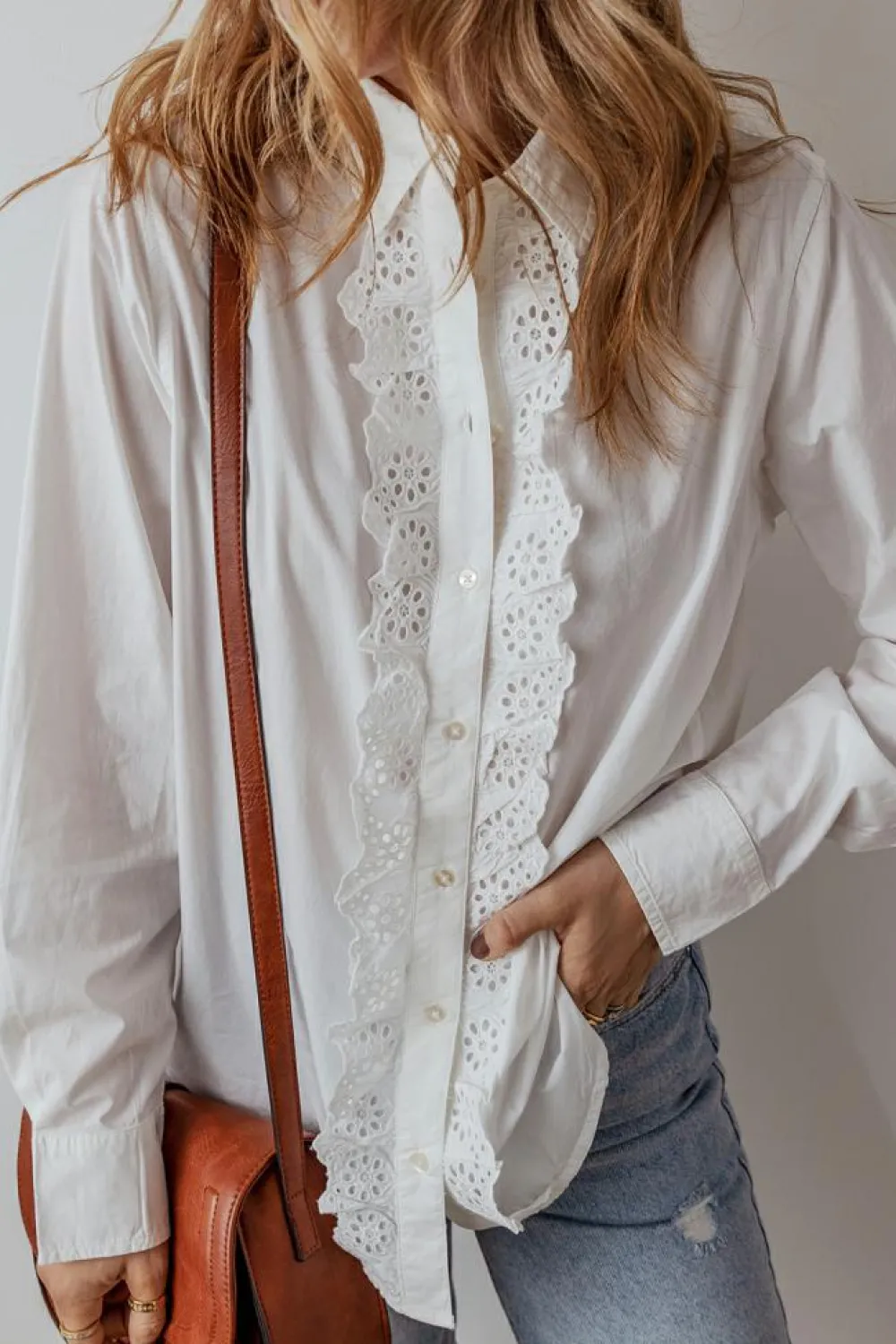 Outlet Dear-Lover Lace Crochet Trim Turn Down Collar Buttoned Shirt White