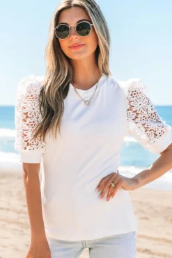 Hot Dear-Lover Lace Floral Patchwork Ribbed Knit Half Sleeve T Shirt White
