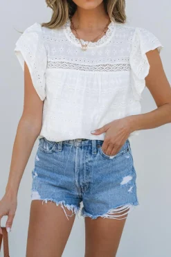 Clearance Dear-Lover Lace Neckline Flutter Sleeve Eyelets Blouse White