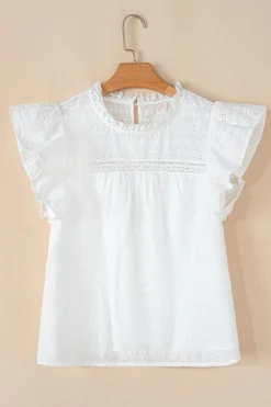 Clearance Dear-Lover Lace Neckline Flutter Sleeve Eyelets Blouse White