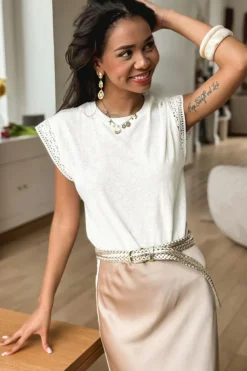 Outlet Dear-Lover Lace Patchwork Cap Sleeve Round Neck T Shirt White